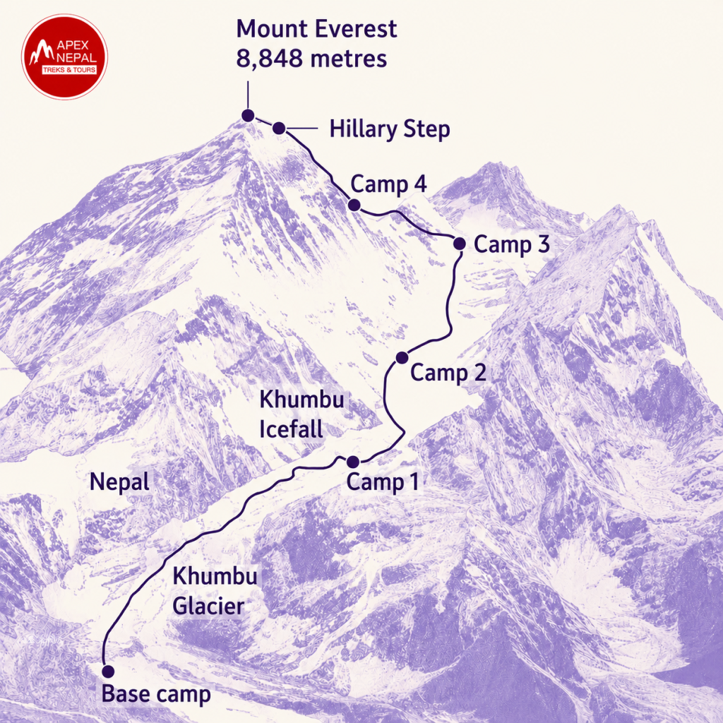 map of the Everest Expedition route from base camp to Mount Everest